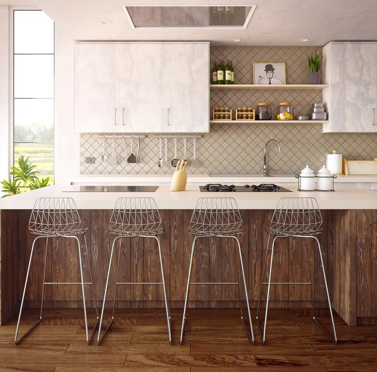 Kitchen island with four wire stools and cabinets above